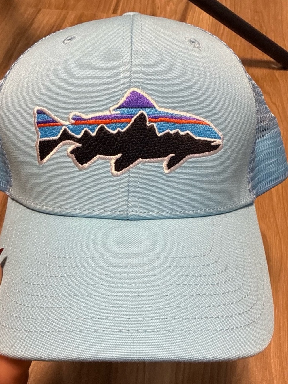 Patagonia Light Blue Trucker Hat with Multicolor Fish Patch